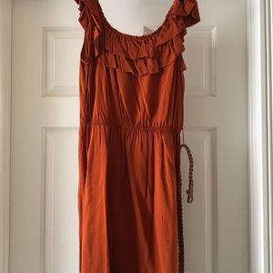 Burnt orange off the shoulder dress! GameDay dress